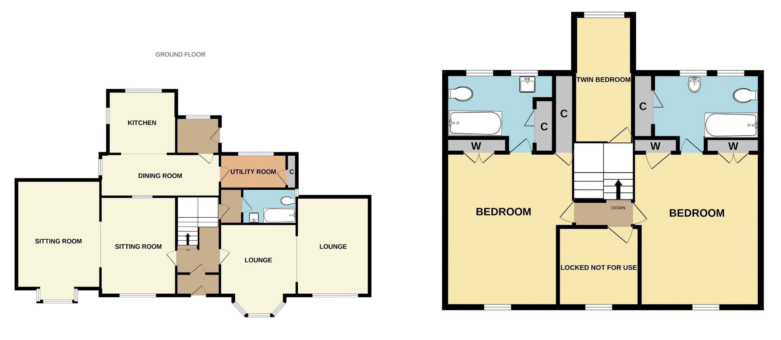 A floor plan with a kitchen, dining room, two sitting rooms, a lounge, a utility room, and a twin bedroom.