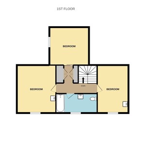 Un appartement situé au premier étage, comprenant trois chambres, une salle de bain et un escalier.