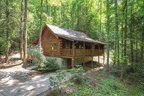 A log cabin with a porch, surrounded by a forest. - Location! Log Cabin,Hot Tub,Fireplace,Pool,Fishing! (Sevierville)