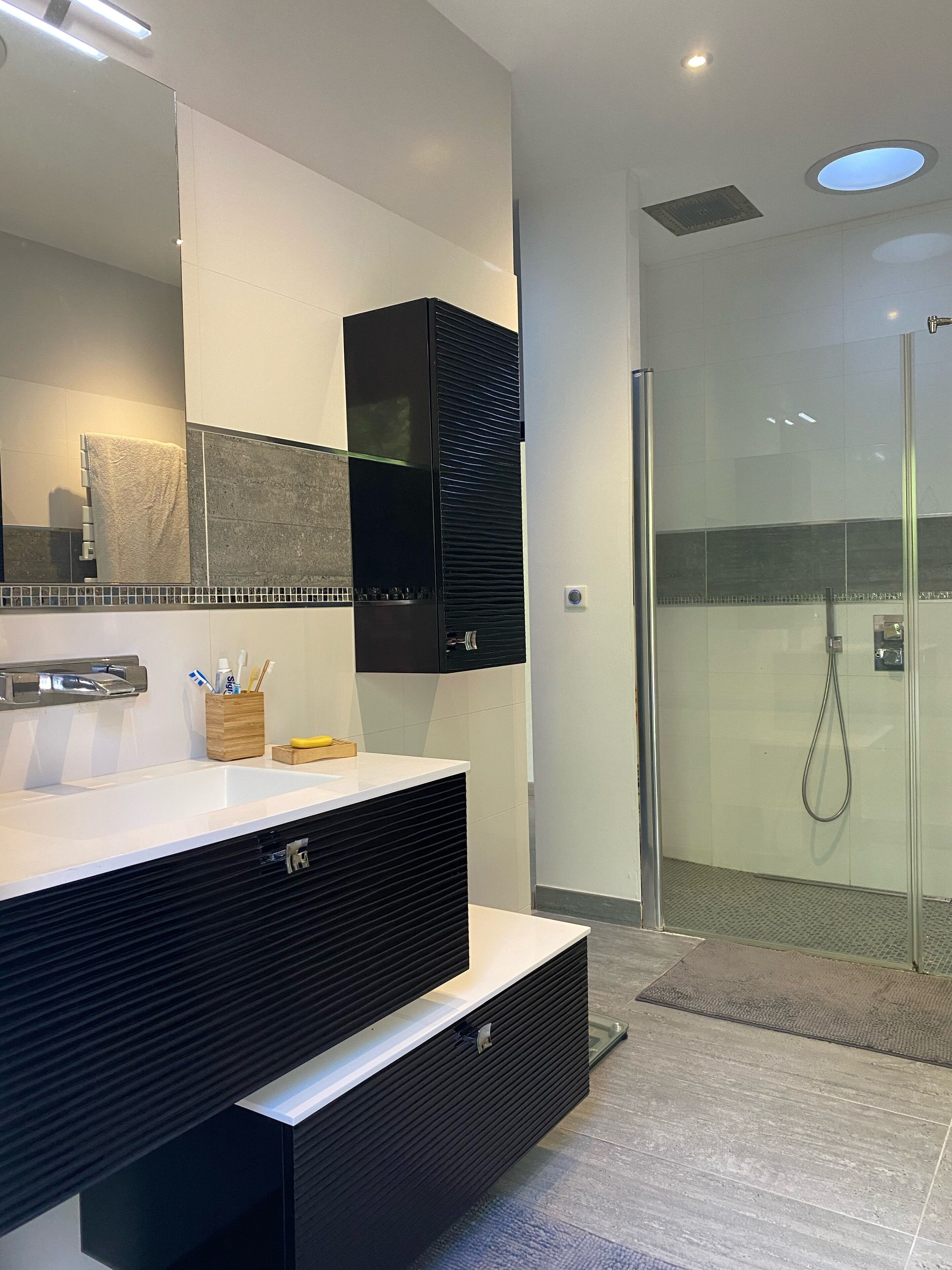 Hair dryer, towels, soap, toilet paper