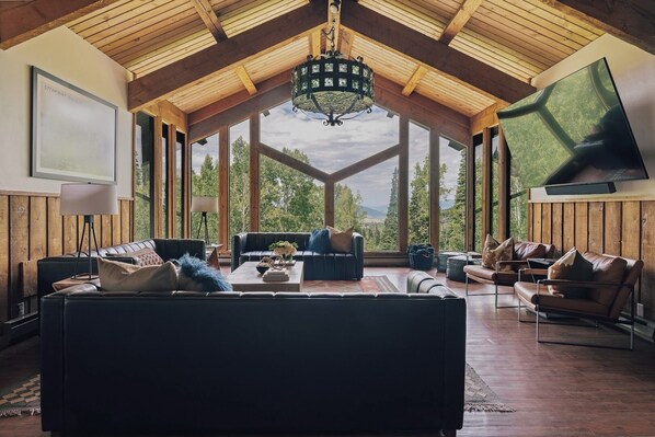 Smart TV, fireplace, video games, DVD player