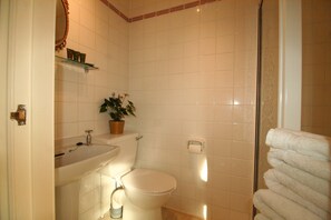 Un baño con inodoro, lavamanos y cabina de ducha de vidrio.