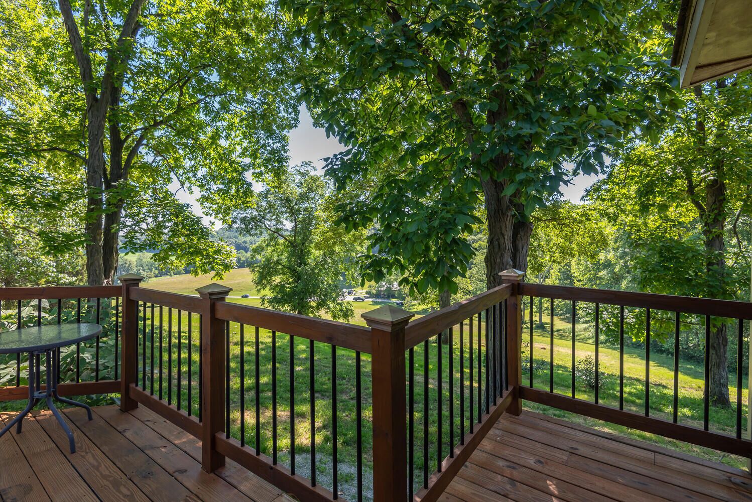 A wooden deck with a metal railing, overlooking a grassy area with trees.