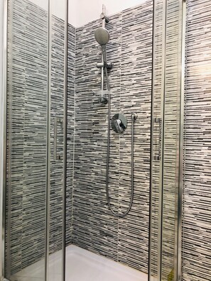 Shower, hair dryer, bidet, towels