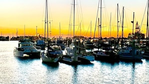 Ein Yachthafen mit mehreren Segelbooten im Abendlicht.