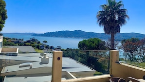 A terrace with a clear view of the sea and hills, a palm tree, and a chair. - Take in the San Francisco views at this quiet oasis! (Tiburon)