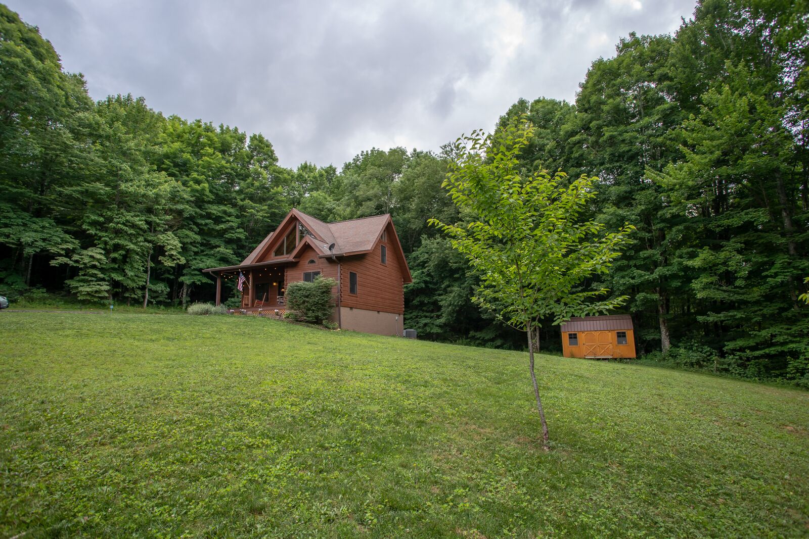 A rustic cabin with a porch, surrounded by a grassy yard and dense forest.
