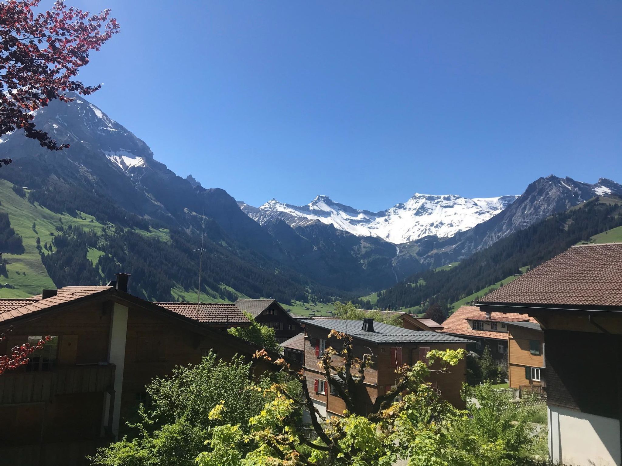 A mountain village with traditional houses, a valley, and snow-capped peaks in the background.