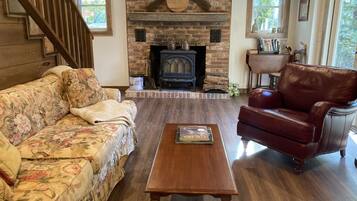 Télévision, cheminée, livres