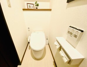 Un bagno piccolo e pulito con il water, uno scaffale con un quadro incorniciato e una pianta, e un erogatore di carta igienica a parete.