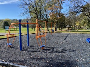 Explore the playground at Hoyt Kerr Municipal Park, featuring a swing set and climbing structure amidst a scenic backdrop of trees.