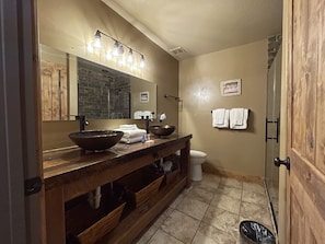Hair dryer, towels, soap, shampoo