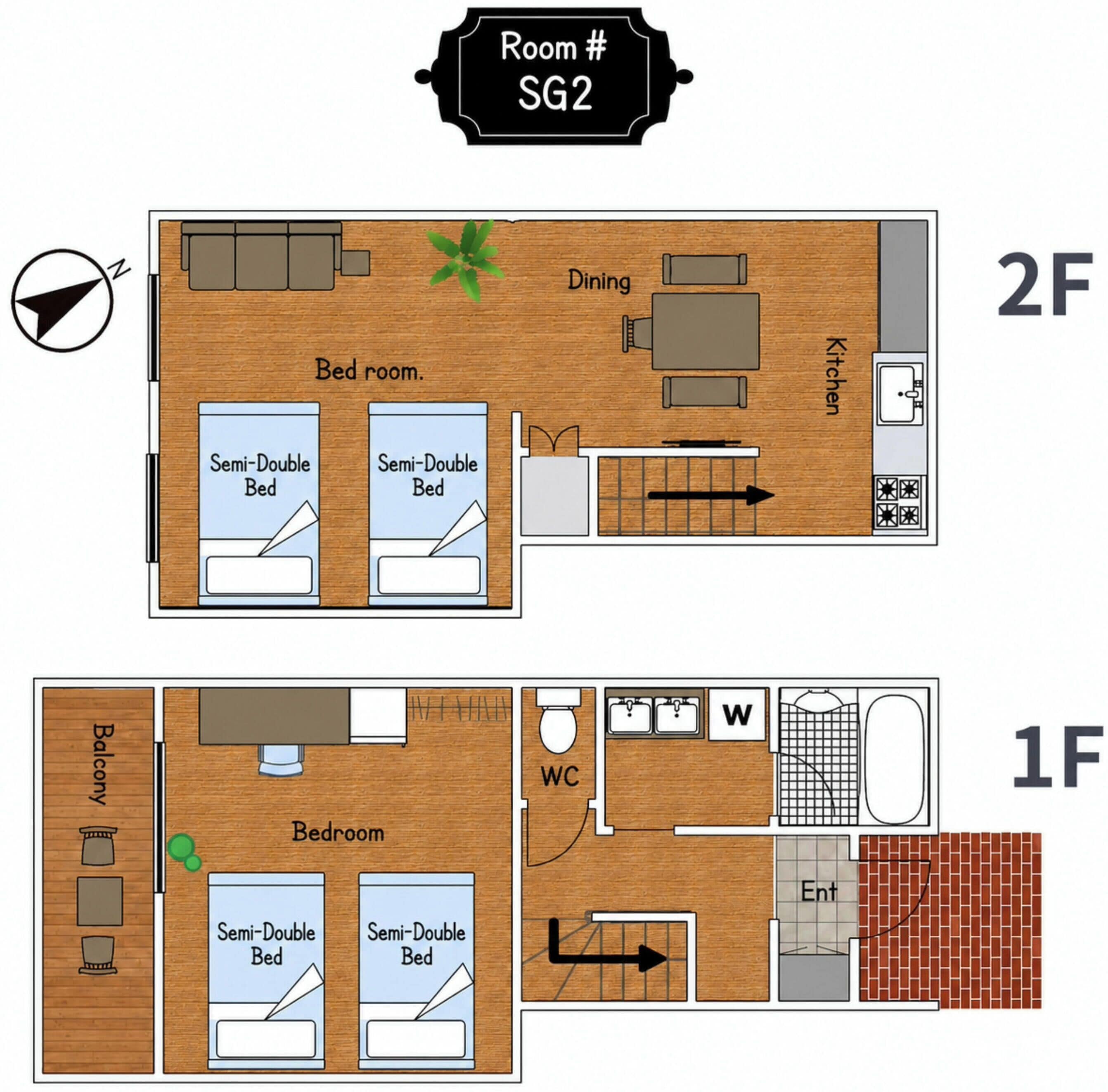 A 2F and 1F apartment layout with a bed room, dining area, kitchen, WC, balcony, and entrance.