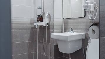 Double Twin Room | Bathroom | Shower, hair dryer, slippers, towels