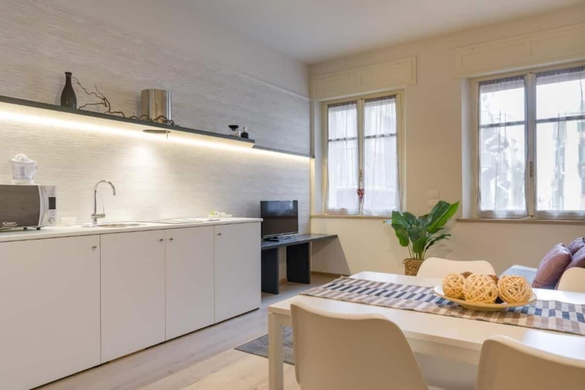 Großer Kühlschrank, Mikrowelle, Herdplatte