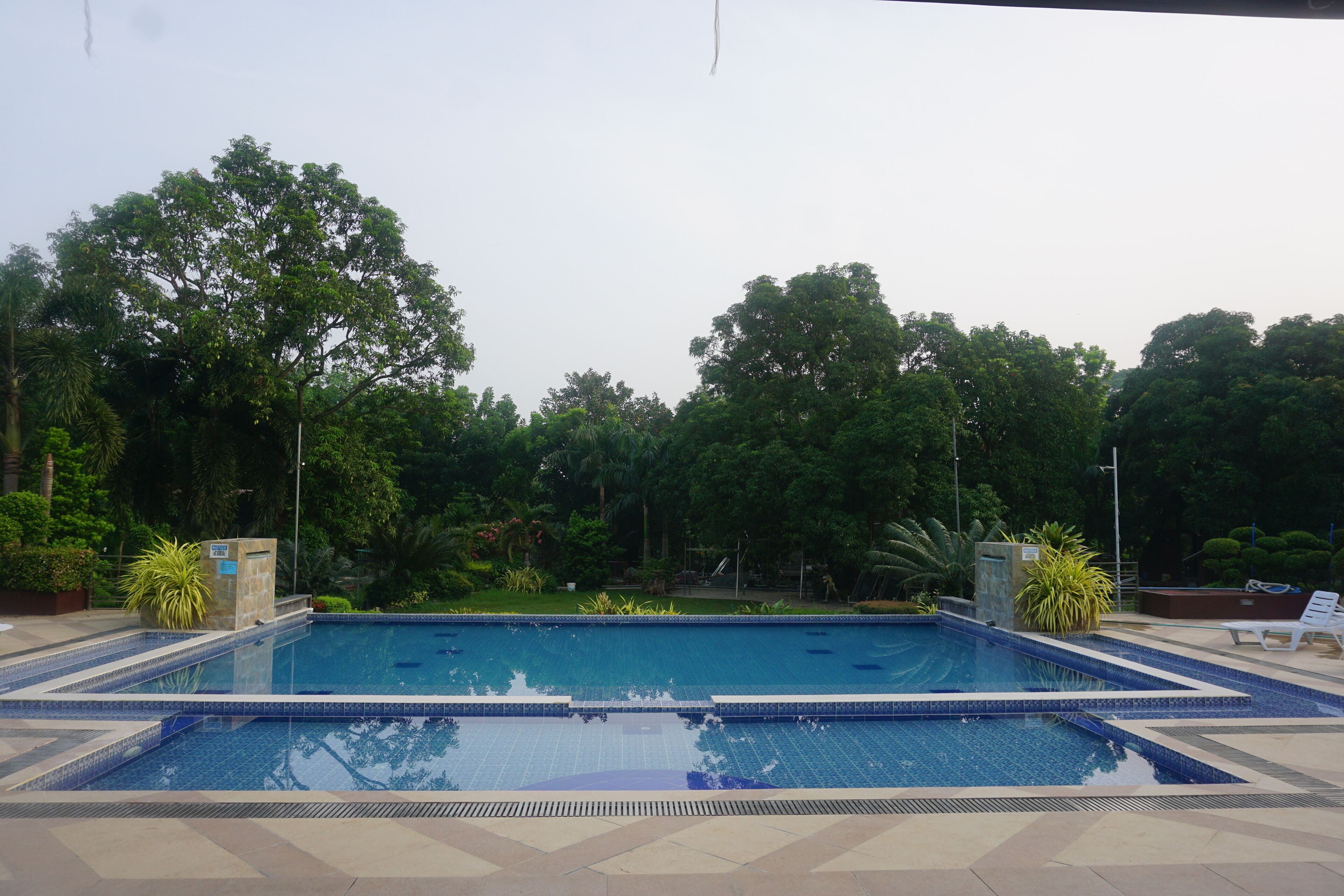 A rectangular swimming pool with a tiled edge, surrounded by a tiled deck and greenery.