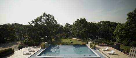 Una piscina rectangular con una vista despejada del paisaje circundante, que incluye una zona de césped y árboles.