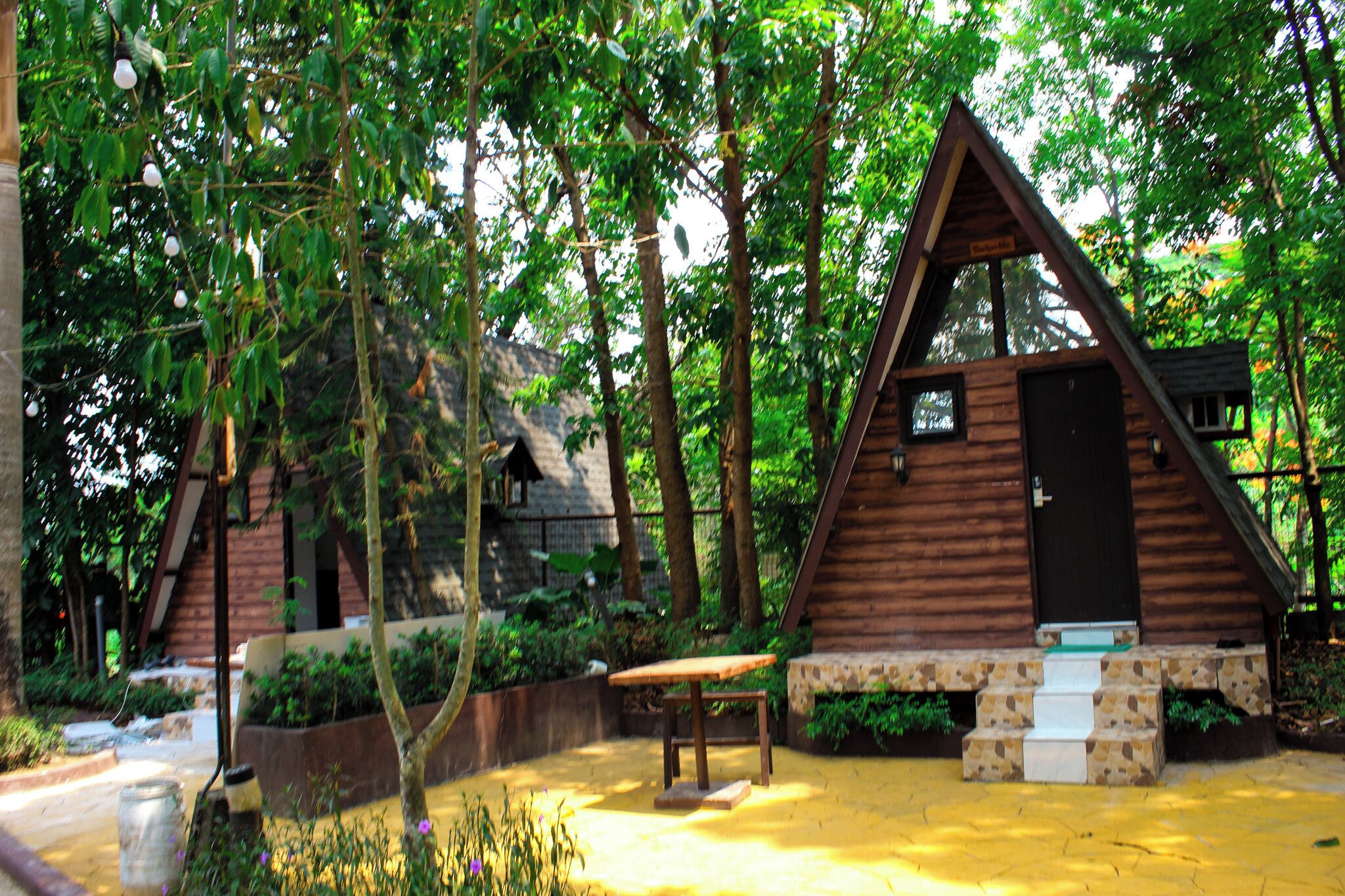 Une cabane en bois, construite sur des fondations en pierre, et entourée d’une végétation luxuriante et d’arbres.