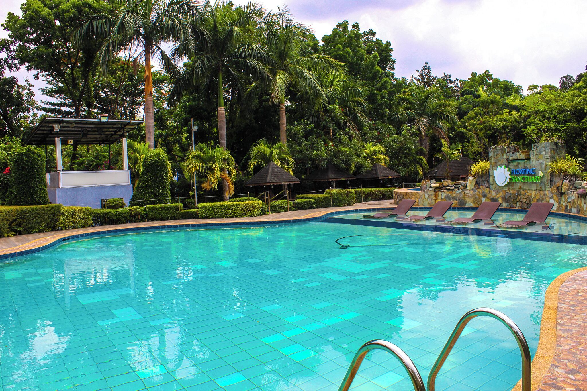 A swimming pool with clear blue water, surrounded by lush greenery and palm trees.