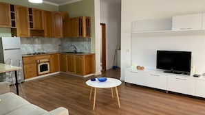 A modern living room with a TV, a dining table, and a kitchen area with wooden cabinets. - Great value for its price (Tirana)