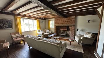 Smart TV, fireplace, books, stereo