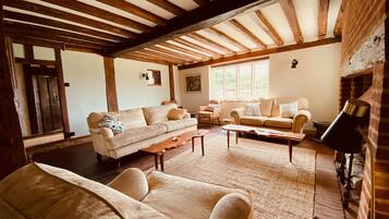 Smart-TV, Kamin, BĂŒcher, Stereoanlage