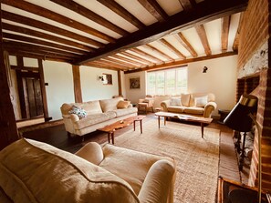 Smart TV, fireplace, books, stereo