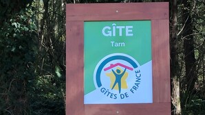 A sign with the text "GÎTE Tarn" and "TERRA BOSCA" with a small dog in the foreground. - Cottage 70m² for 2p - Regional Park of Haut-Languedoc-calm-nature (Cambounès)