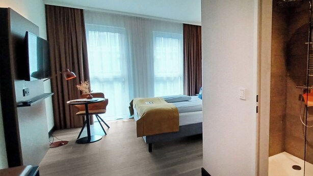 Habitación de hotel con cama, escritorio, silla, televisor y zona de ducha.
