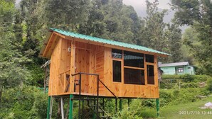 A wooden cabin with a green roof, surrounded by dense forest. - Wooden cottages (Dharamshala)