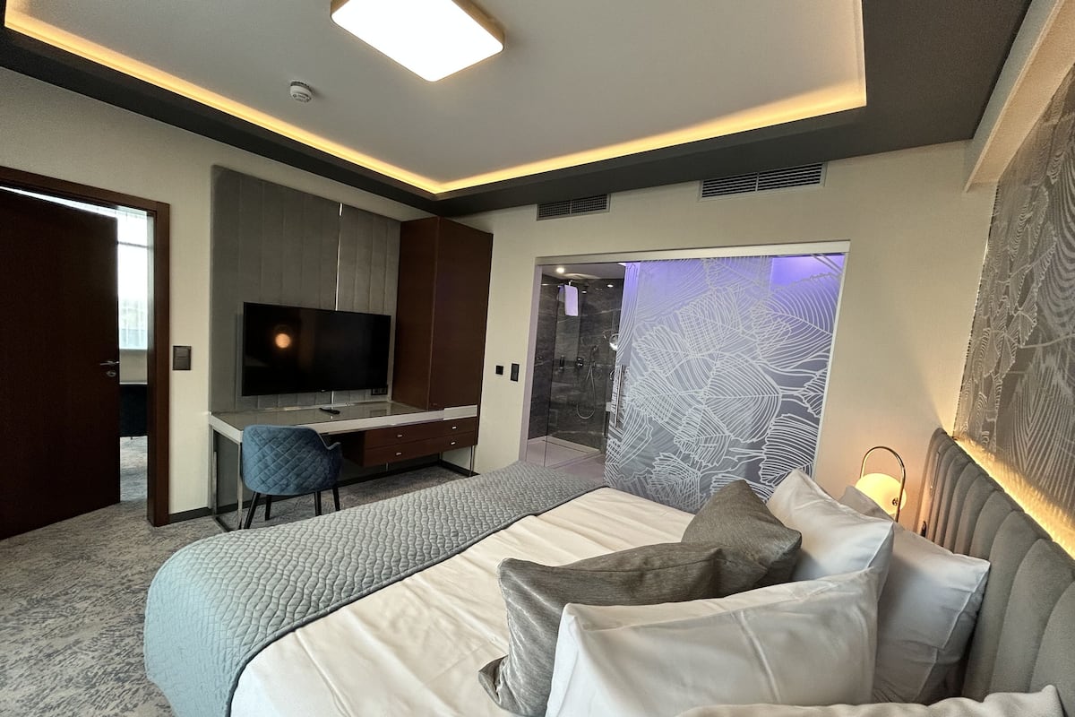 Una habitación de hotel moderna con una cama grande, un escritorio con televisor de pantalla plana, zona de ducha y pared con estampado.