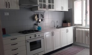 Fridge, oven, stovetop, coffee/tea maker