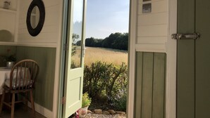 An open door revealing a view of a field and trees, a wooden chair, and a mirror on the wall. - A beautiful Railway Carriage, with stunning views & use of the Ndoro Pool. (Chippenham)