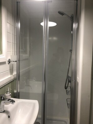 A glass-enclosed shower with a handheld showerhead and a wall-mounted faucet. - A beautiful Railway Carriage, with stunning views & use of the Ndoro Pool. (Chippenham)