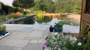A garden patio with a pond, potted plants, and a wooden deck. - A beautiful Railway Carriage, with stunning views & use of the Ndoro Pool. (Chippenham)