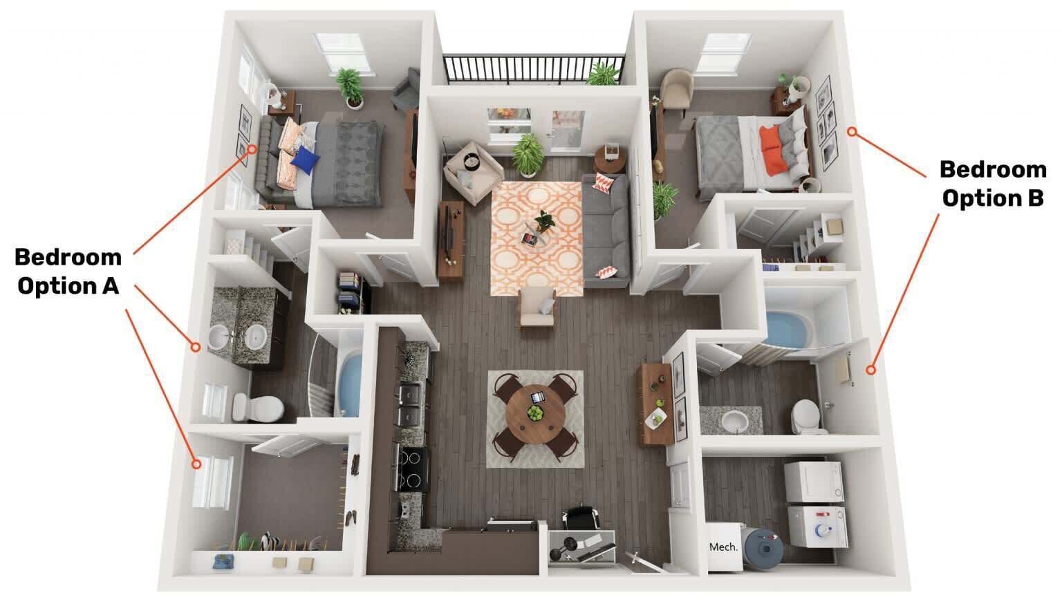 A 2-bedroom apartment layout with a central living area, kitchenette, and bathroom.
