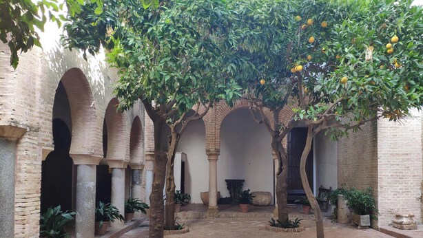 Ein offener Innenhof mit Ziegelbögen, Kübelpflanzen und einem Baum mit Früchten.