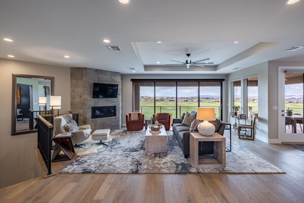 TV, fireplace, books