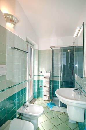 Bathroom features a shower enclosure, pedestal sink, and separate basin.