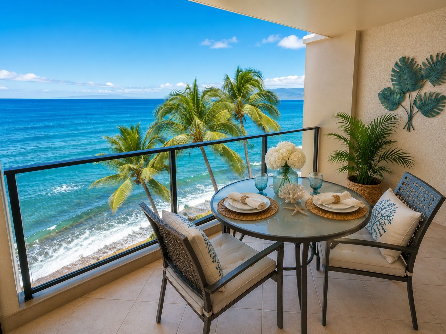 A balcony with a table set for two, overlooking a beach with palm trees and the ocean.