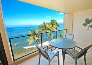 Outdoor dining - Oceanfront Mahana Condo  1BR/1BA Sweeping Views Ac, Pool (Lahaina)