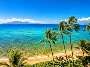 A beach with clear turquoise water, palm trees, and a mountain in the background.