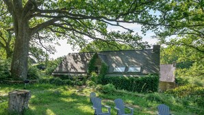 Una casa rustica con un grande albero di fronte, immersa nel verde.