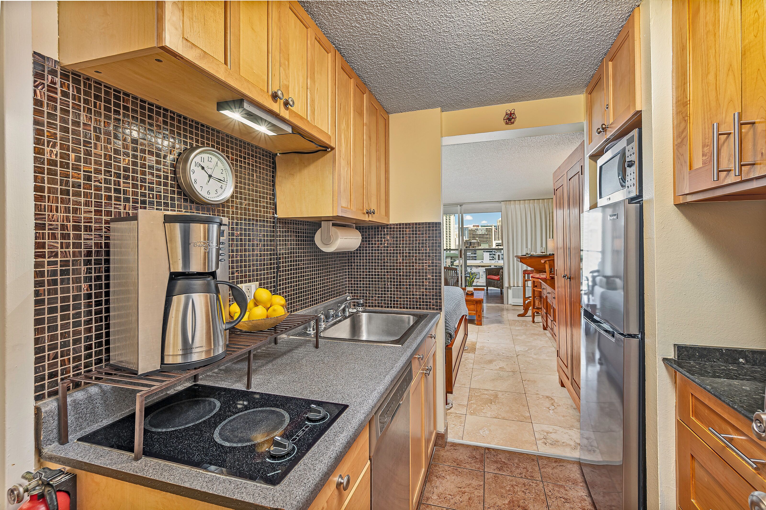 Fridge, microwave, dishwasher, coffee/tea maker
