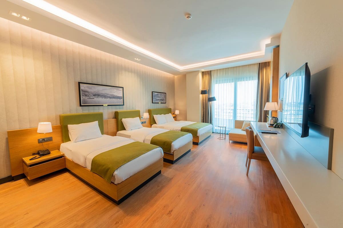 A hotel room with two beds, a desk, a TV, and a window with curtains.