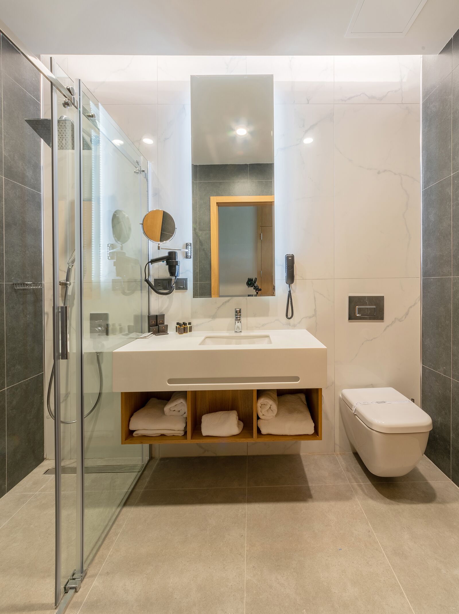 shower, rainfall showerhead, towels