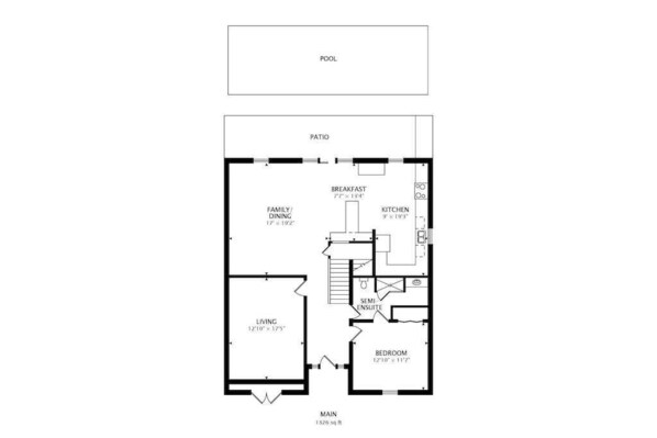 Un plan d’étage d’une maison comprenant une piscine, un patio, un salon, un coin repas, une cuisine, un coin petit-déjeuner, une demi-suite et une chambre.