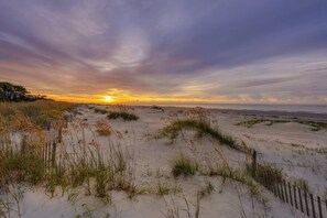 Ein Strand mit Dünen und einem Sonnenuntergang.