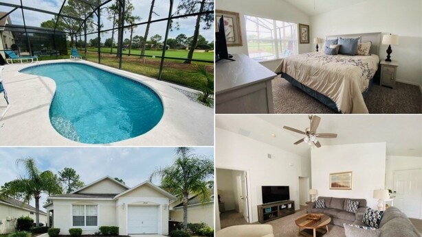 A swimming pool, a bedroom, a living room, and a house exterior.
