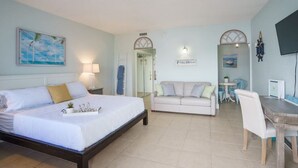 Un dormitorio con cama, sofá, escritorio y televisión.